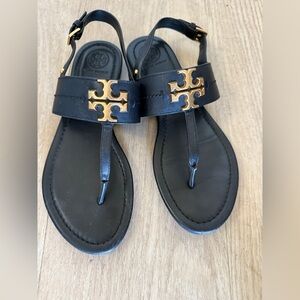 Tory Burch Metal Miller Black Leather Sandals, Gold Logo – Women’s Size 6